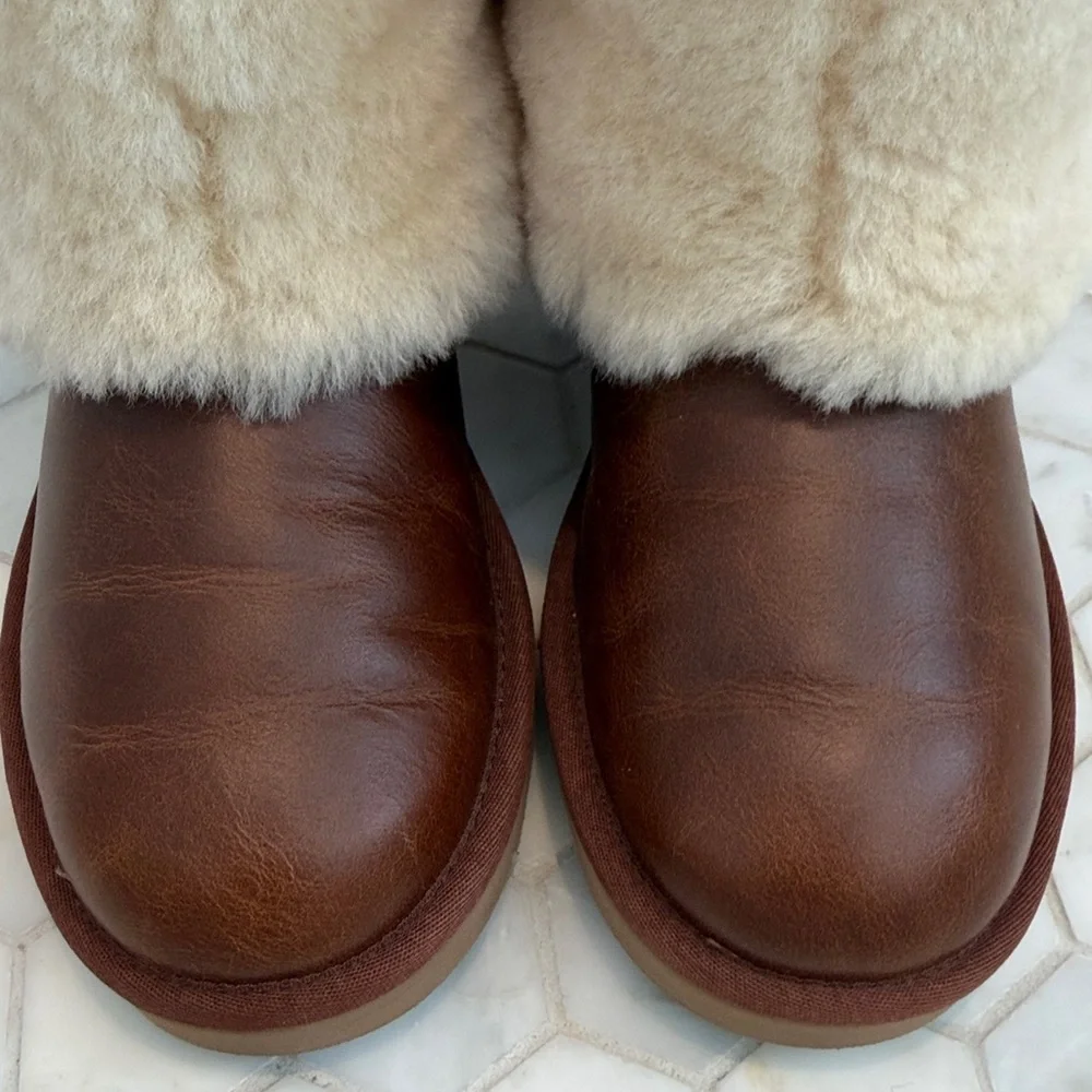 UGG PATTEN Shearling Cuff Chestnut Brown Leather Boots Women’s Size 6